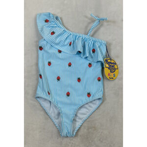 NEW Banana Boat Kids 1-Piece Blue & White Seersucker Strawberries Bathing Suit